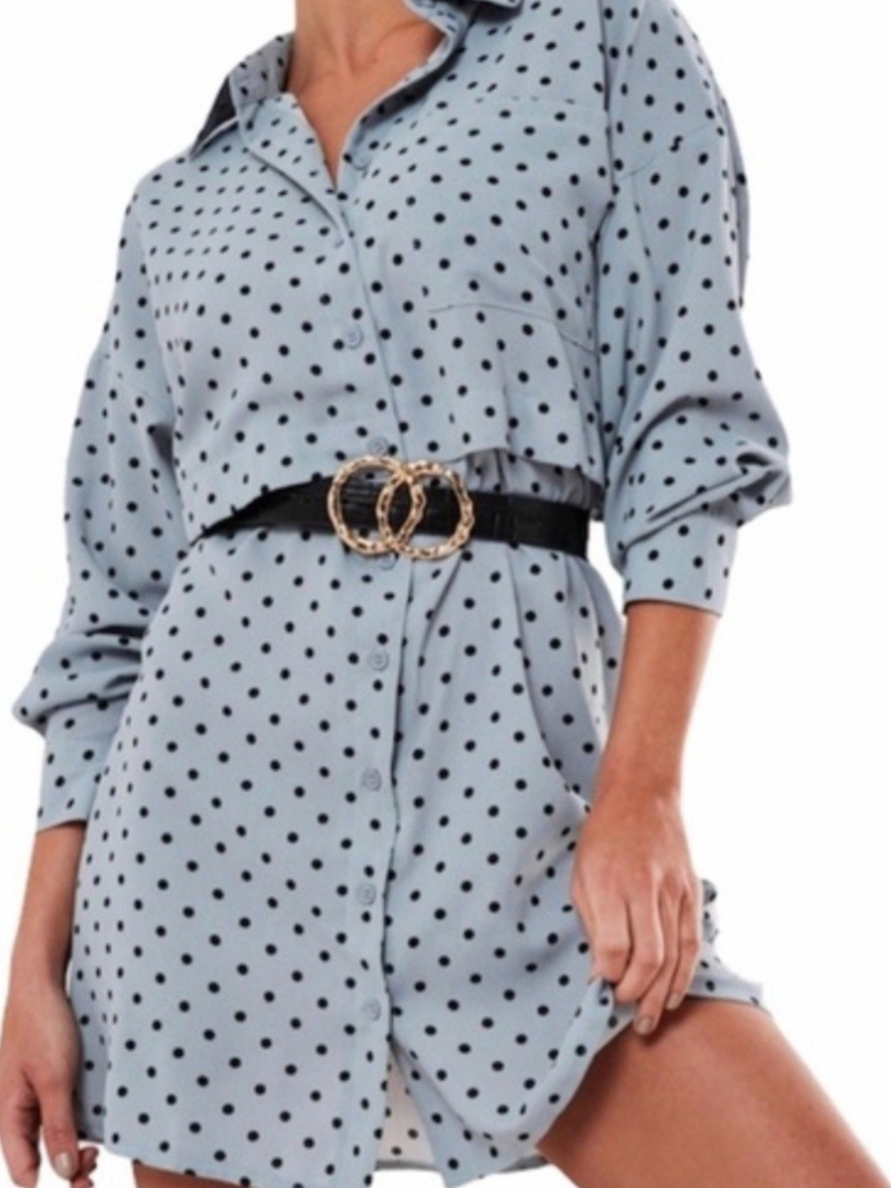 Missguided Light Blue Polka Dot Long Sleeve Shirt Dress